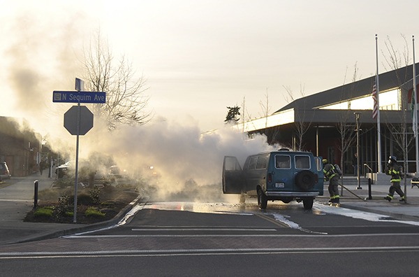 Clallam County Fire District 3 reported to a fully involved van fire in the early evening of Feb. 25 in front of the Sequim Civic Center. Assistant Chief Tony Hudson said no one was hurt