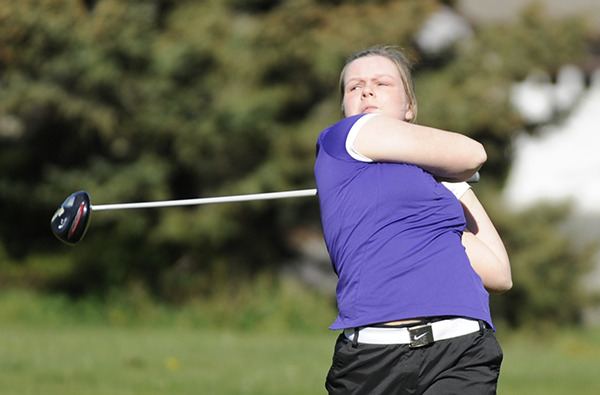 Sequim’s Sarah Shea tees off on the third hole at The Cedars at Dungeness on March 30. Shea shot a 50 to help the Wolves knock off Port Townsend 191 to 274.