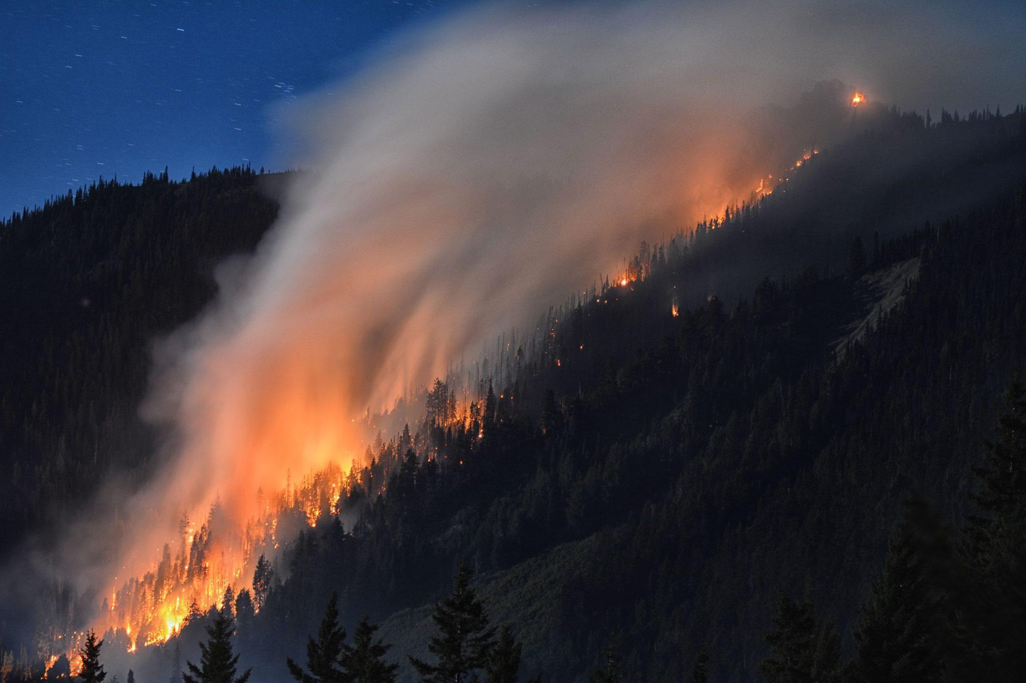 The 10-acre Cox Valley Fire rages in Olympic National Park on Aug. 18. Heavy smoke prompted closure of Obstruction Point Road as fire activity increased last in four Olympic National Park fires. Those fires