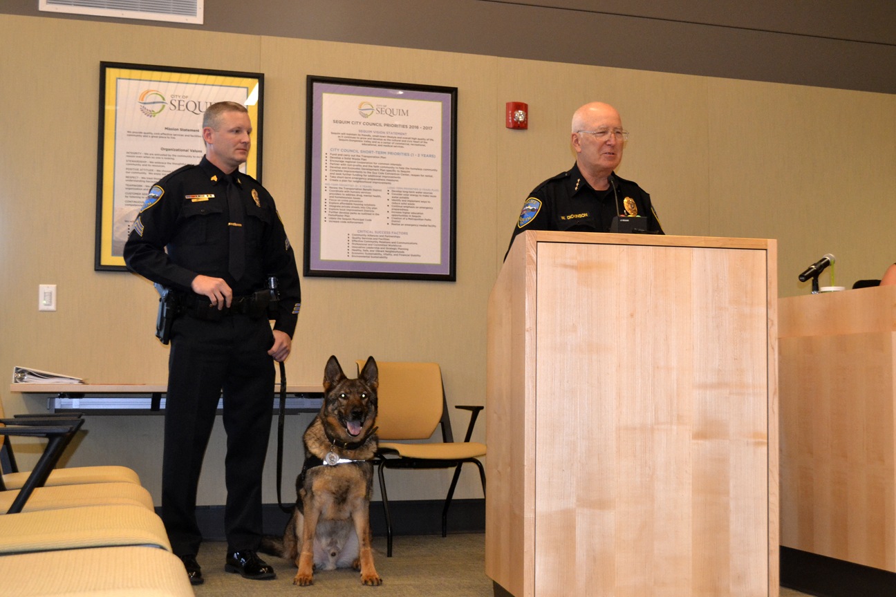 Sequim Police Chief Bill Dickinson said costs for Sequim’s K-9 officer Chase have been paid for by the community. He’s worked with Sgt. Mike Hill since 2008 and together they’ve worked on at least 200 arrests. “Chase has been the city’s dog