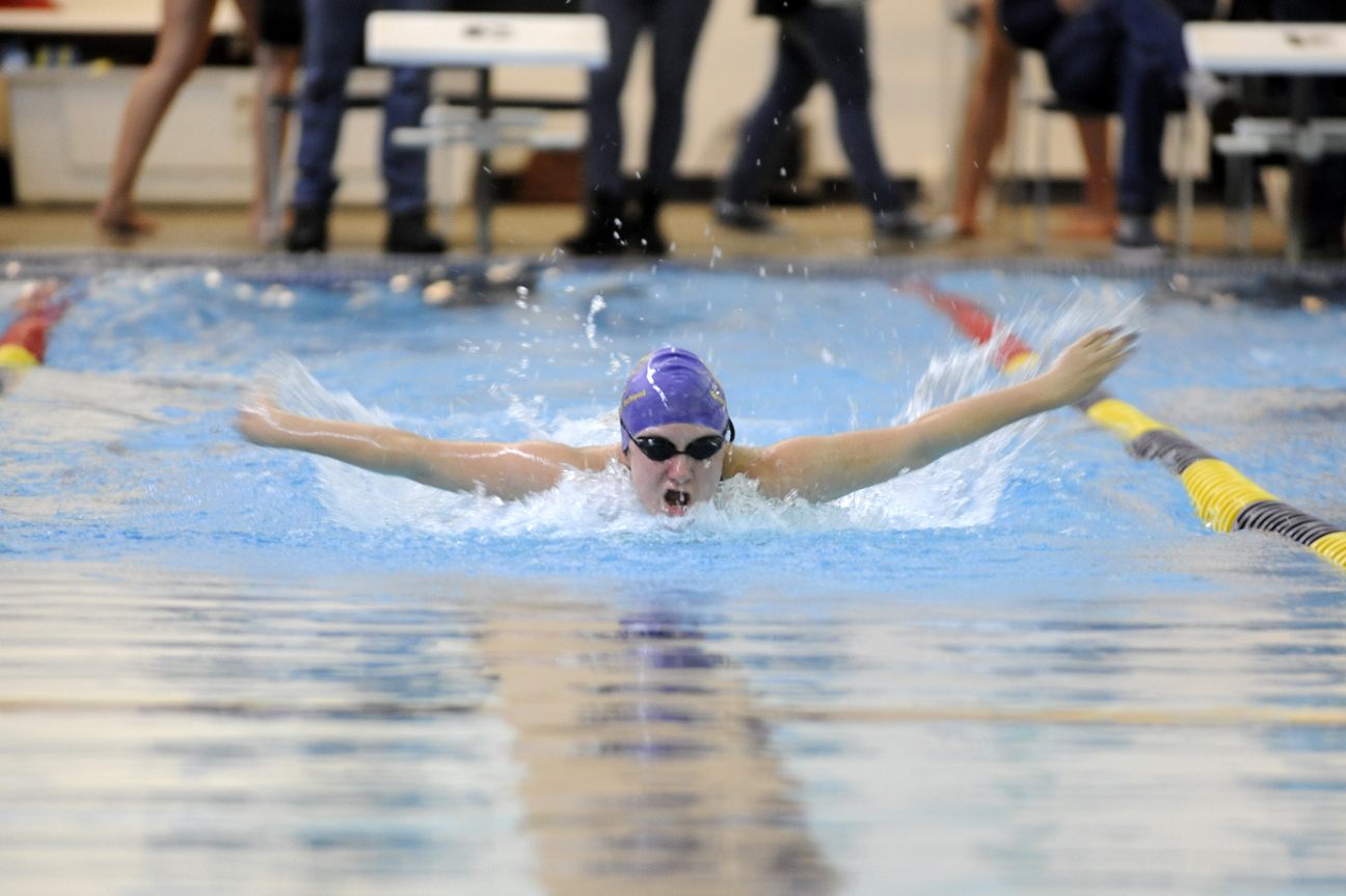 Anna Miehe swims the butterfly during the 200 IM against Port Angeles. She’s already qualified for districts in the event and five others. Sequim Gazette photo by Matthew Nash