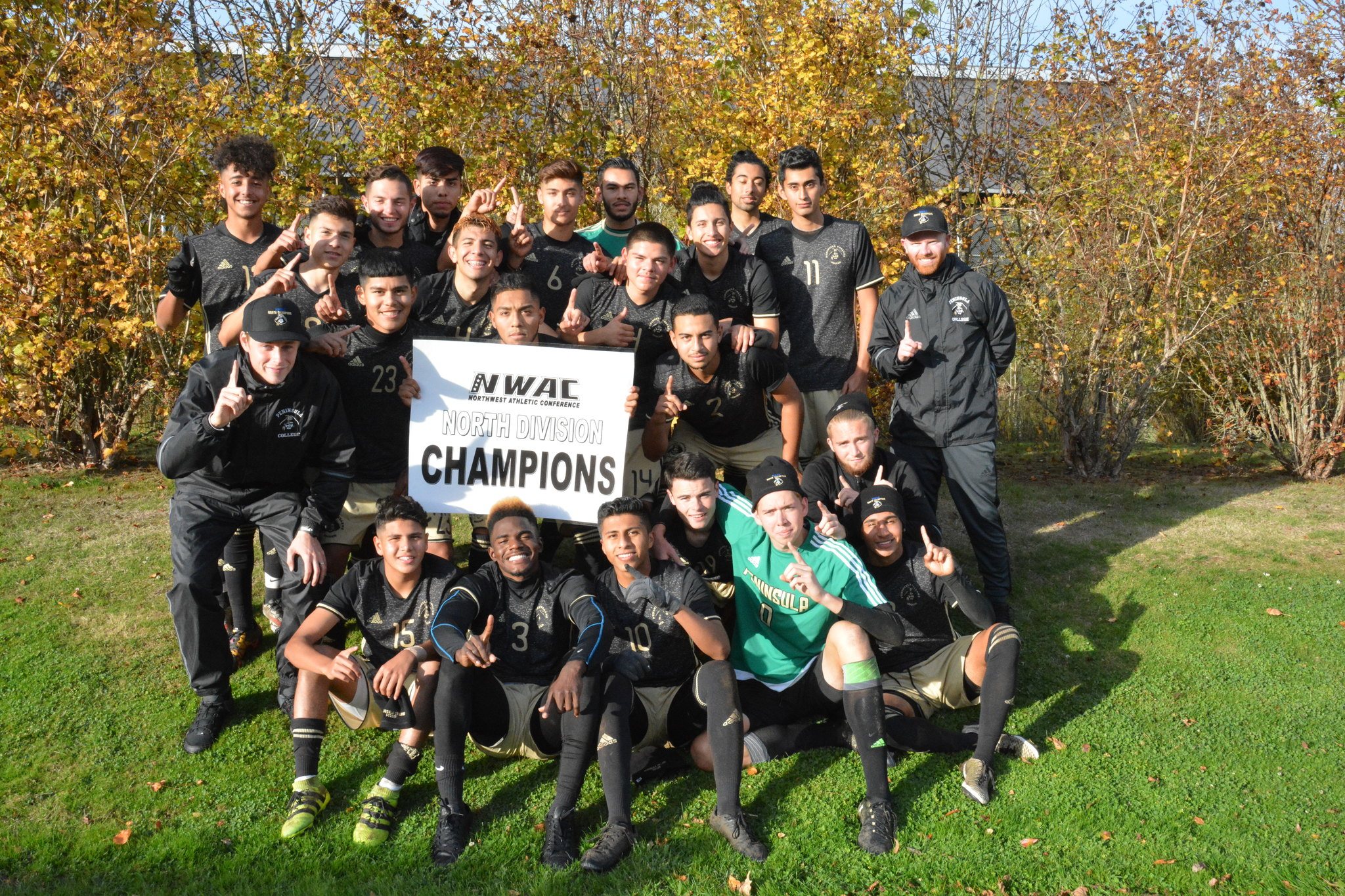 Peninsula College's men's soccer squad celebrates a win against Skagit Valley and another division title on Oct. 22. Submitted photo