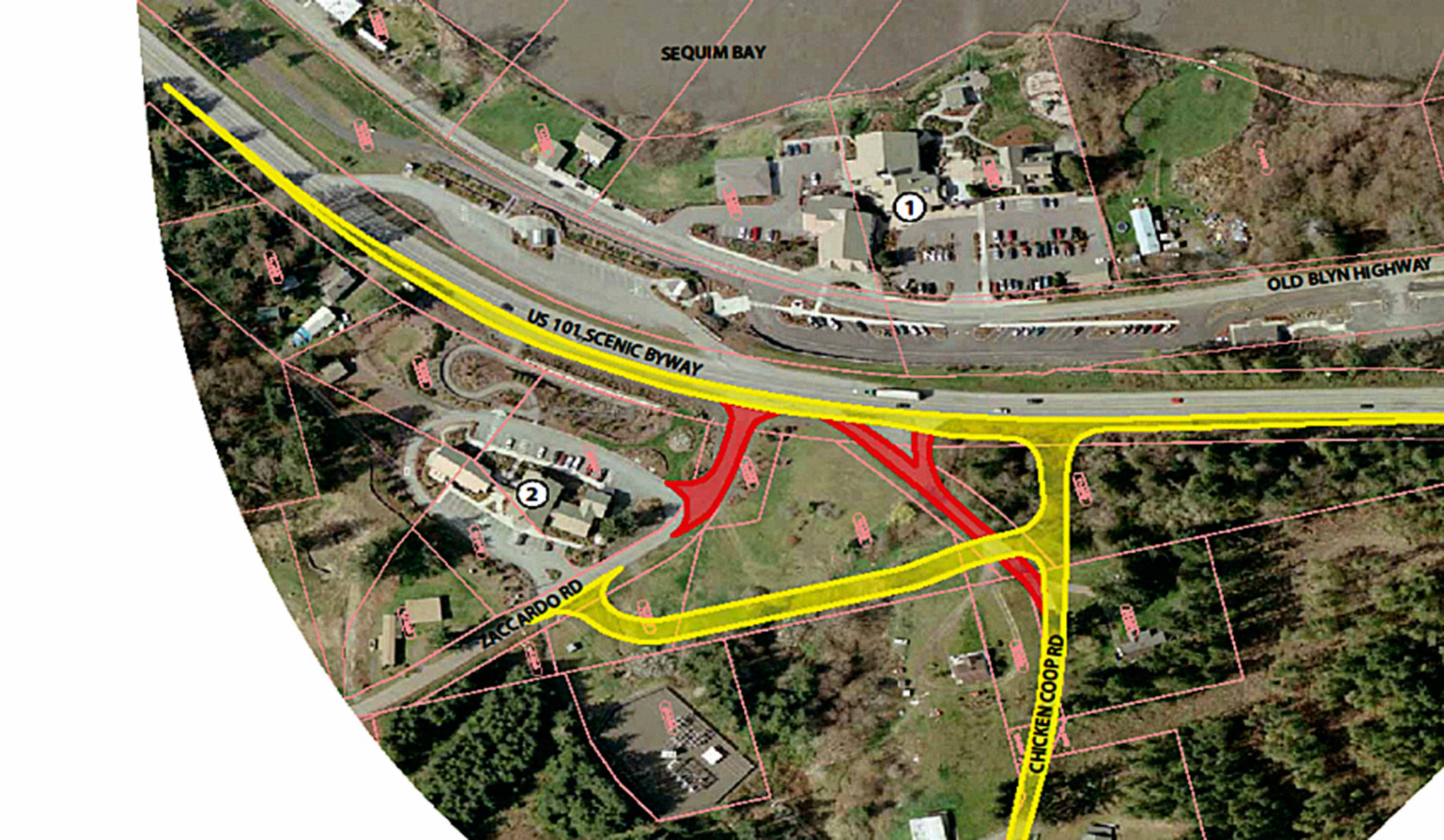 The US 101-Chicken Coop-Zaccardo Road Realignment Safety Project gets underway this June. Areas on this map marked in yellow are new roadway construction areas or widened roadways. Areas marked in red are existing roadways that will be abandoned. Map courtesy of the Jamestown S’Klallam Tribe