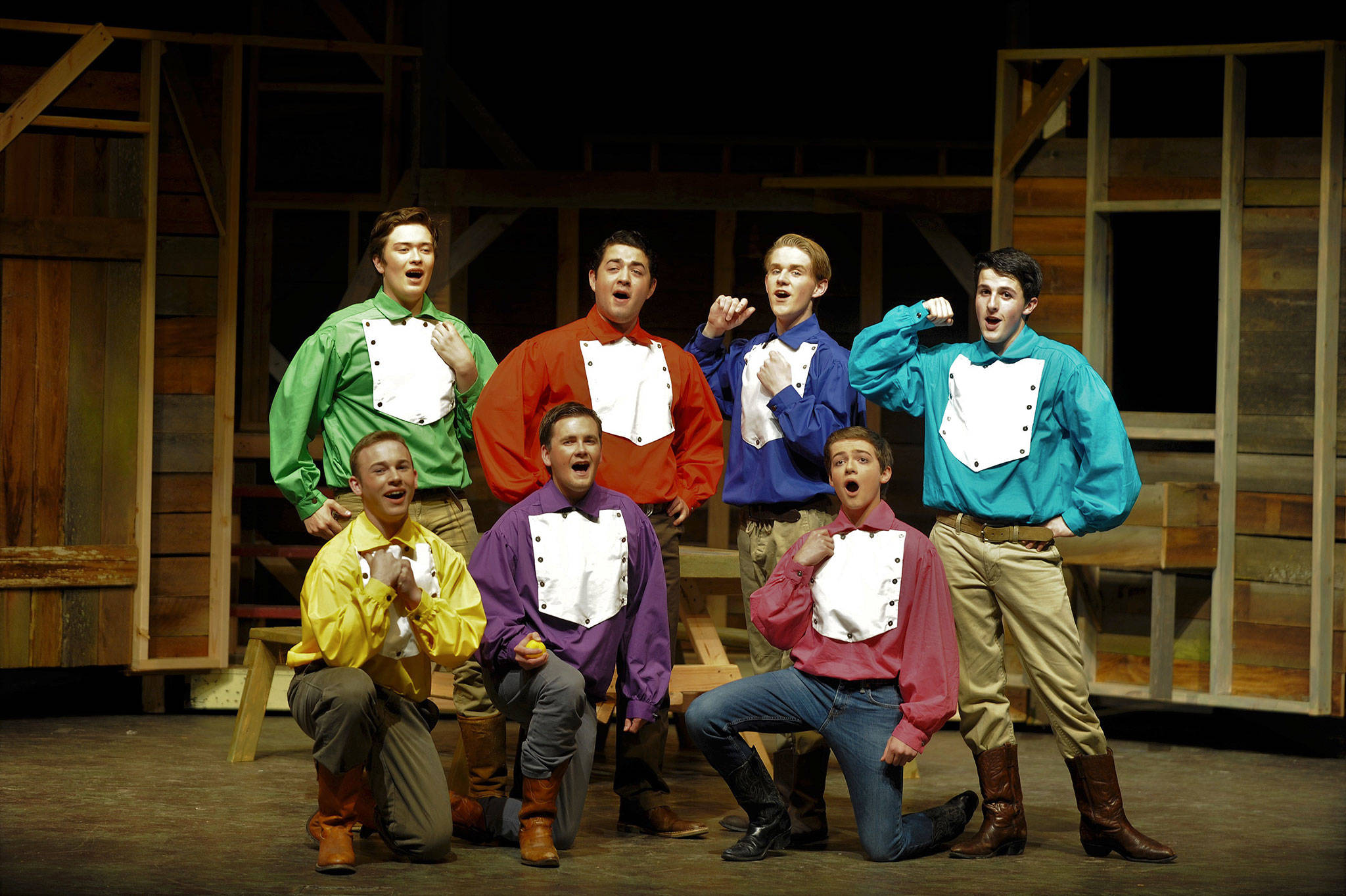 Sequim High School’s “Seven Brides for Seven Brothers” won best scenic design at the 5th Avenue Awards show earlier this month in Seattle. The show received five nominations overall including Silas Baird, second from top left, for best outstanding actor, and the brothers’ ensemble, from top left, Tommy Hall, Baird, Christopher Heintz, Thomas Hughes, front left, Joe Benjamin, Seth Mitchell and Joey Oliver. Sequim Gazette file photo by Matthew Nash