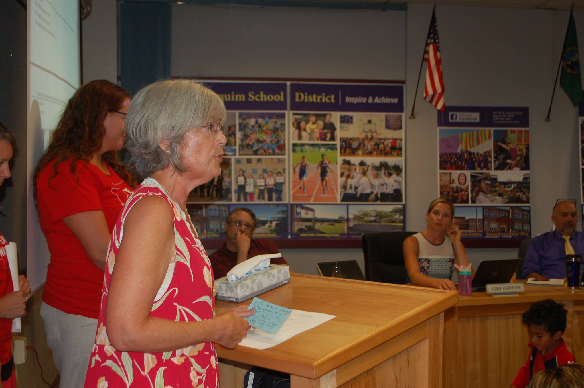 Marcia Garrett, a middle school science teacher at Sequim School District speaks during the public comments session at the Sequim school board meeting on Tuesday, Sept. 5, and emphasizes the point of knowing her value as a teacher in the community. Sequim Gazette photo by Erin Hawkins