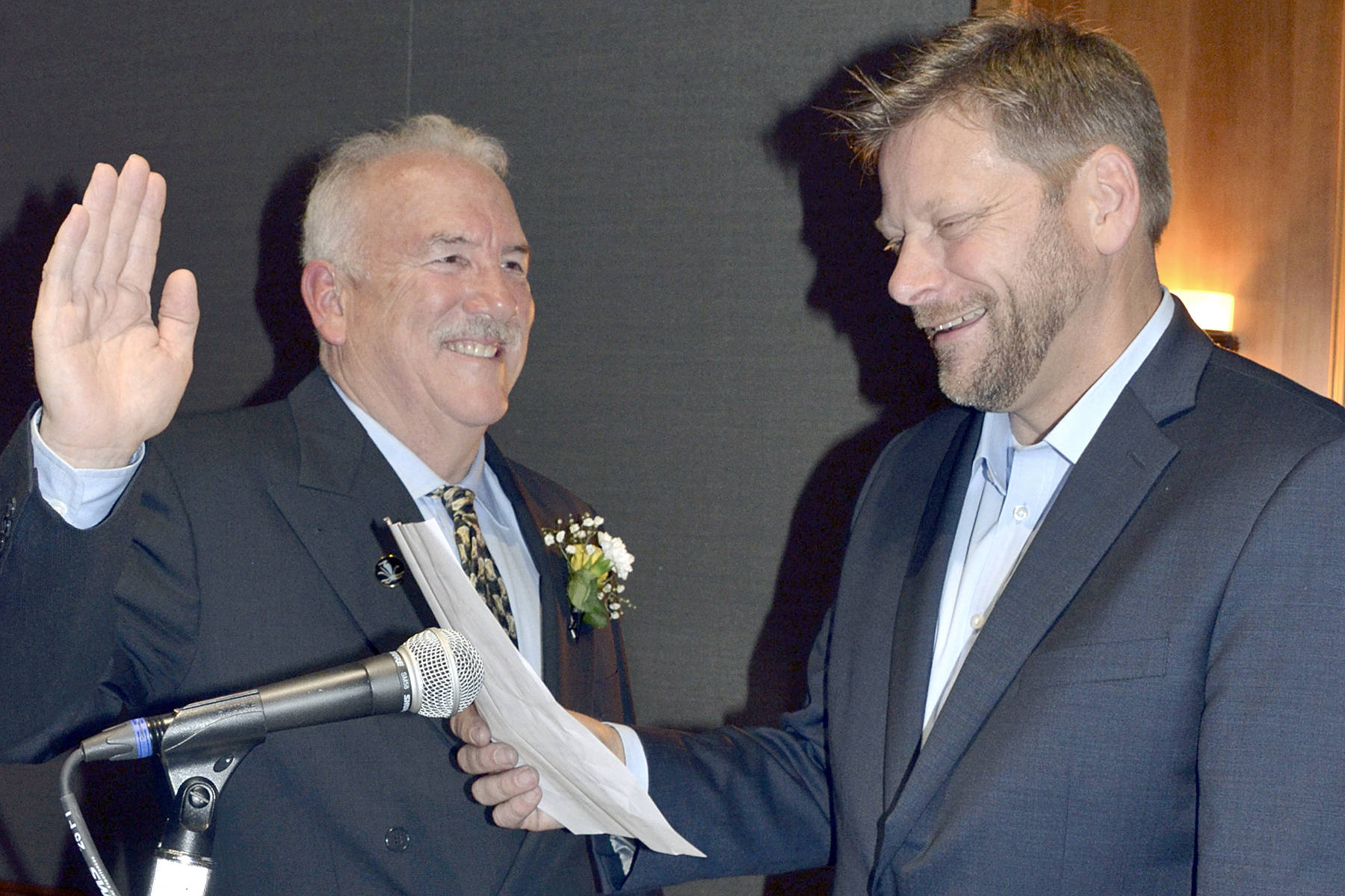 Photo Credit: North Peninsula Building Association Photo Caption: From left, newly elected Building Industry Association of Washington President, Kevin Russell and state Rep. Mike Chapman.