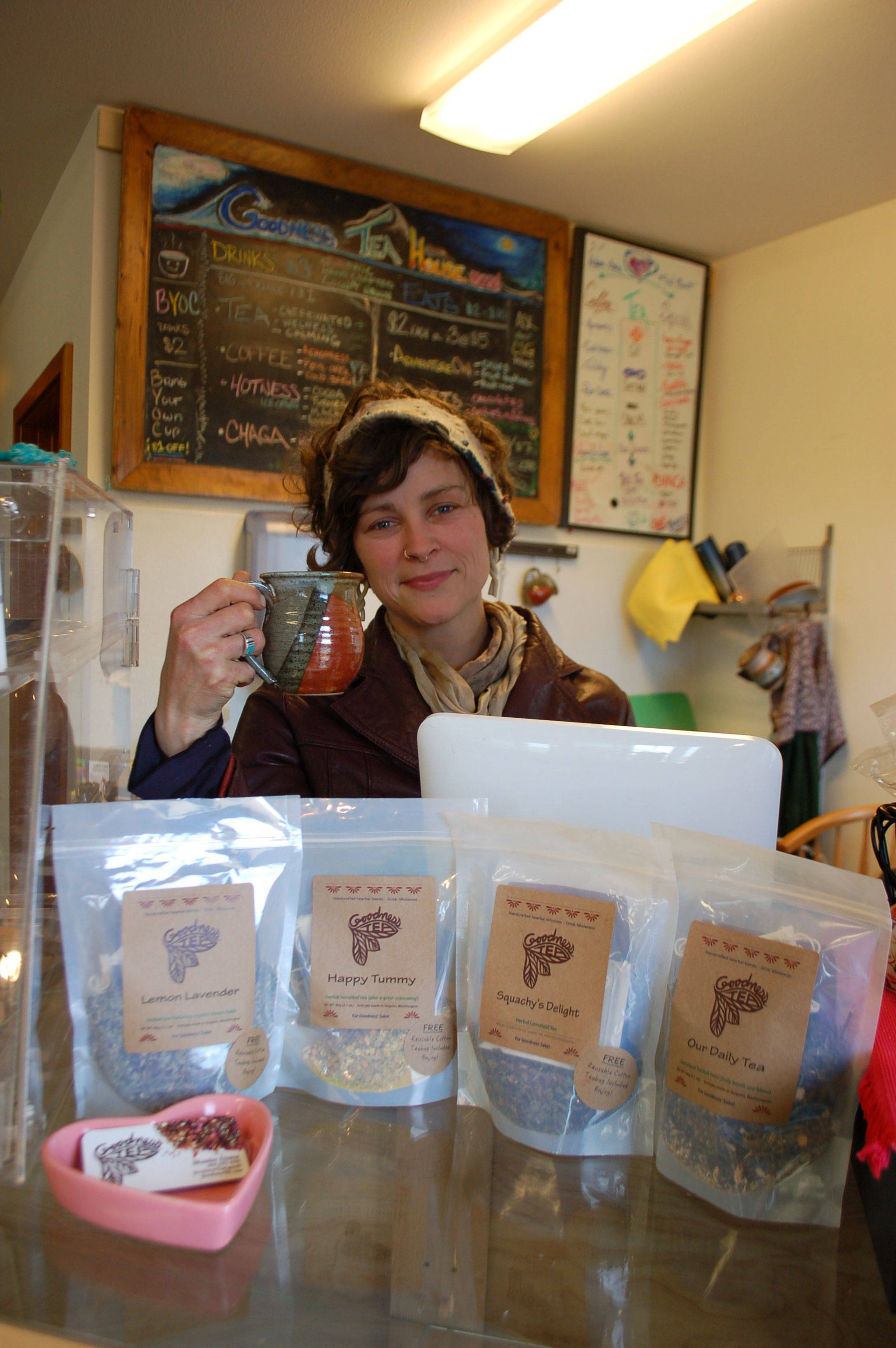 Shaelee Evans, owner and founder of Goodness Tea, celebrates the opening of her new tea house just west of Carlsborg open from 8 a.m-6 p.m., Monday-Friday and closed on Sundays. Sequim Gazette photo by Erin Hawkins