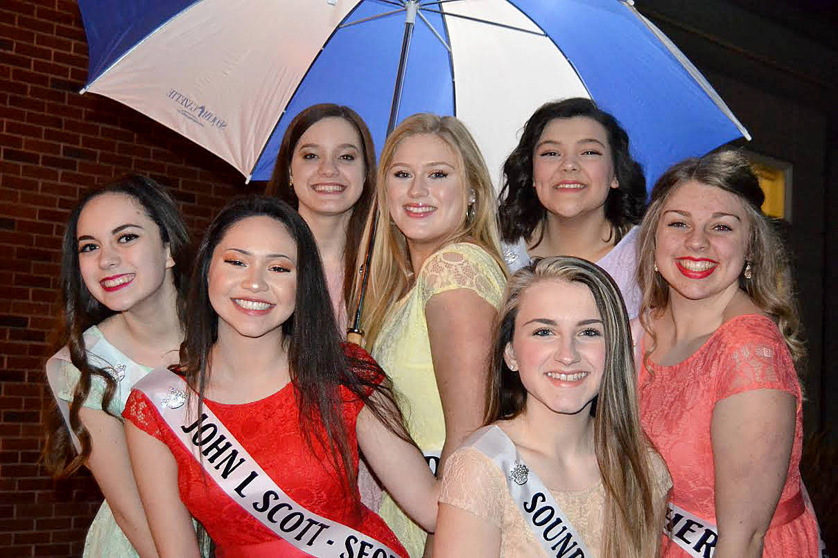 This year’s 2018 Irrigation Festival Royalty Pageant contestants, from back left, Liliana Williams, Janeydean O’Connor, Eden Batson, Gabi Simonson, and front left, Erin Gordon, McKenna Kelbel and Gracelyn Hurdlow pose together for a group photo. Sequim Gazette photo by Matt Nash