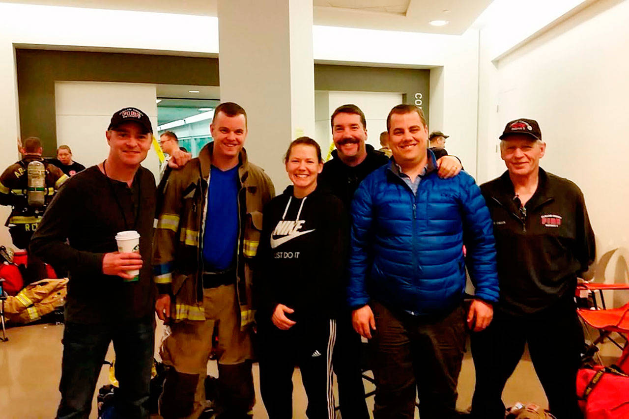 Seven employees of Clallam County Fire District 3, Lee Forderer, left, Joel McKeen, Stefanie Anderson, Neil Borggard, Bryan Swanberg, Lee Oman, and Jack Hueter (not pictured) participated in the annual Scott Firefighter Stairclimb fundraiser on March 11, that raises money to support the mission of the Leukemia and Lymphoma Society. Submitted photo