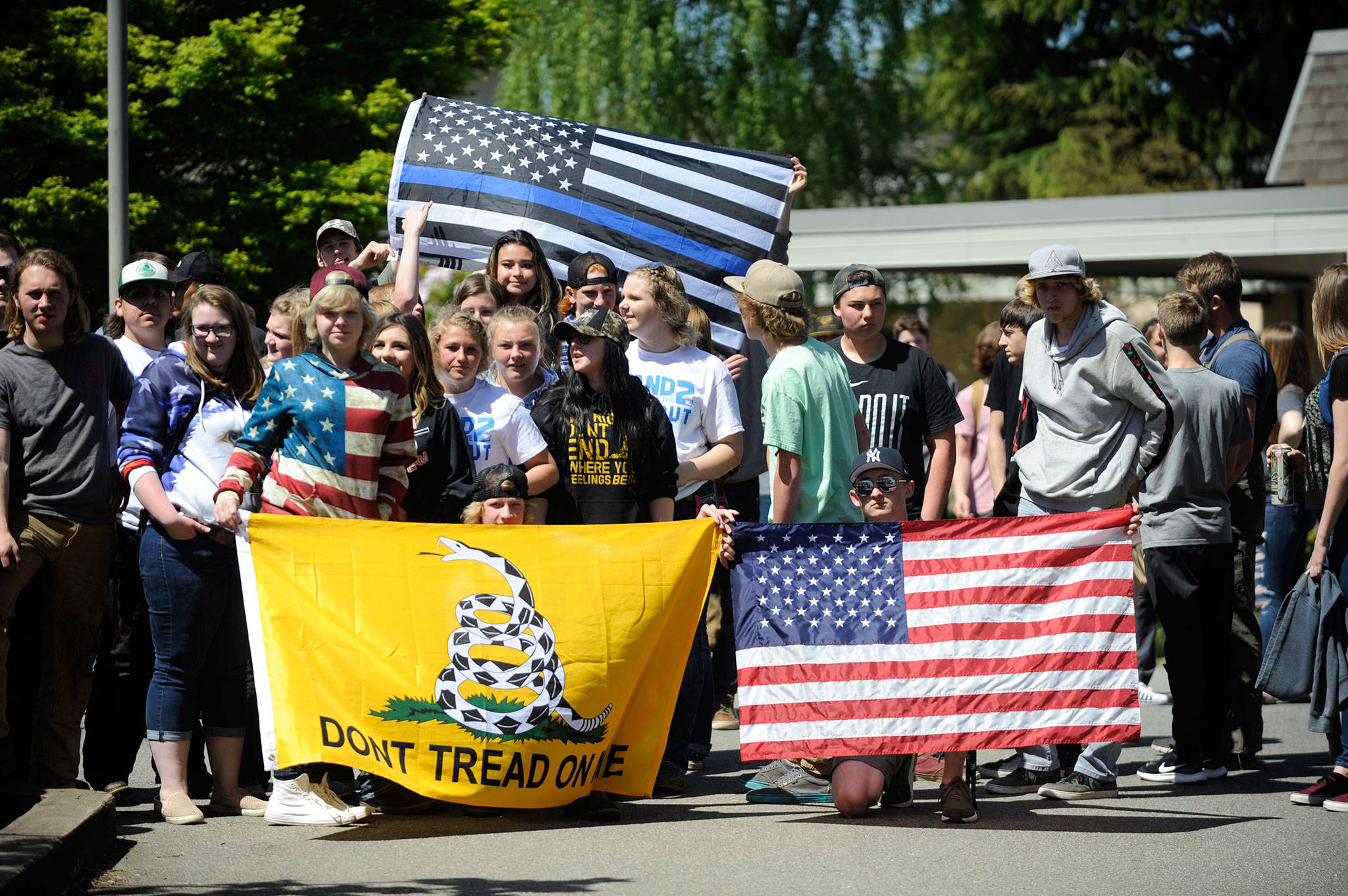 Sequim High school students gathered at the flag pole on campus for 16 minutes on May 2 to participate in a national walkout “Stand for the Second” supporting the Second Amendment and the right to bear arms. Sequim Gazette photo by Erin Hawkins