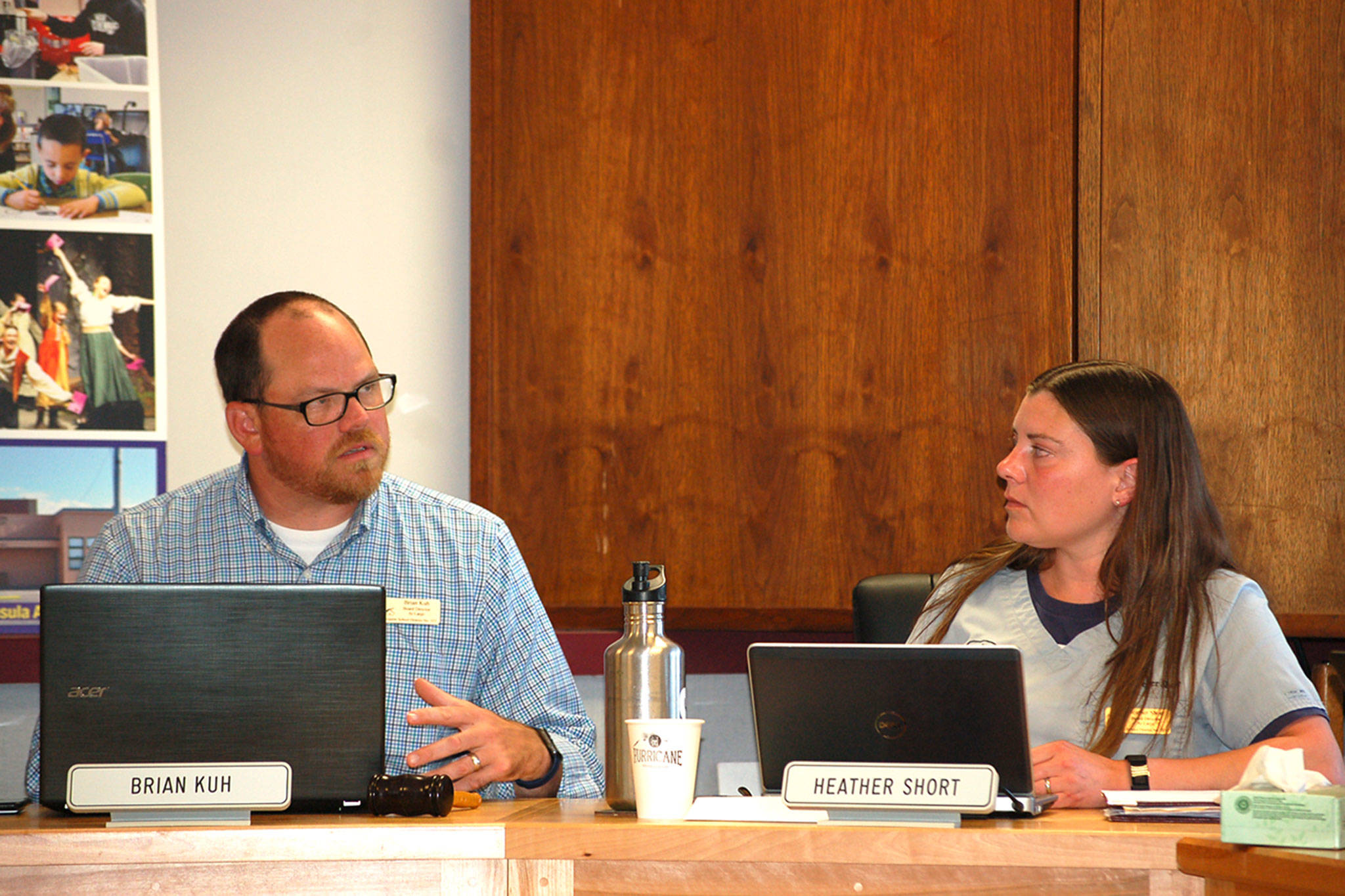 The Sequim School District board of directors approved Brian Kuh, left, as the board’s new president as former president Heather Short announced she was stepping down at the Aug. 6 board meeting. Short will now serve as the board’s vice president. Sequim Gazette photo by Erin Hawkins