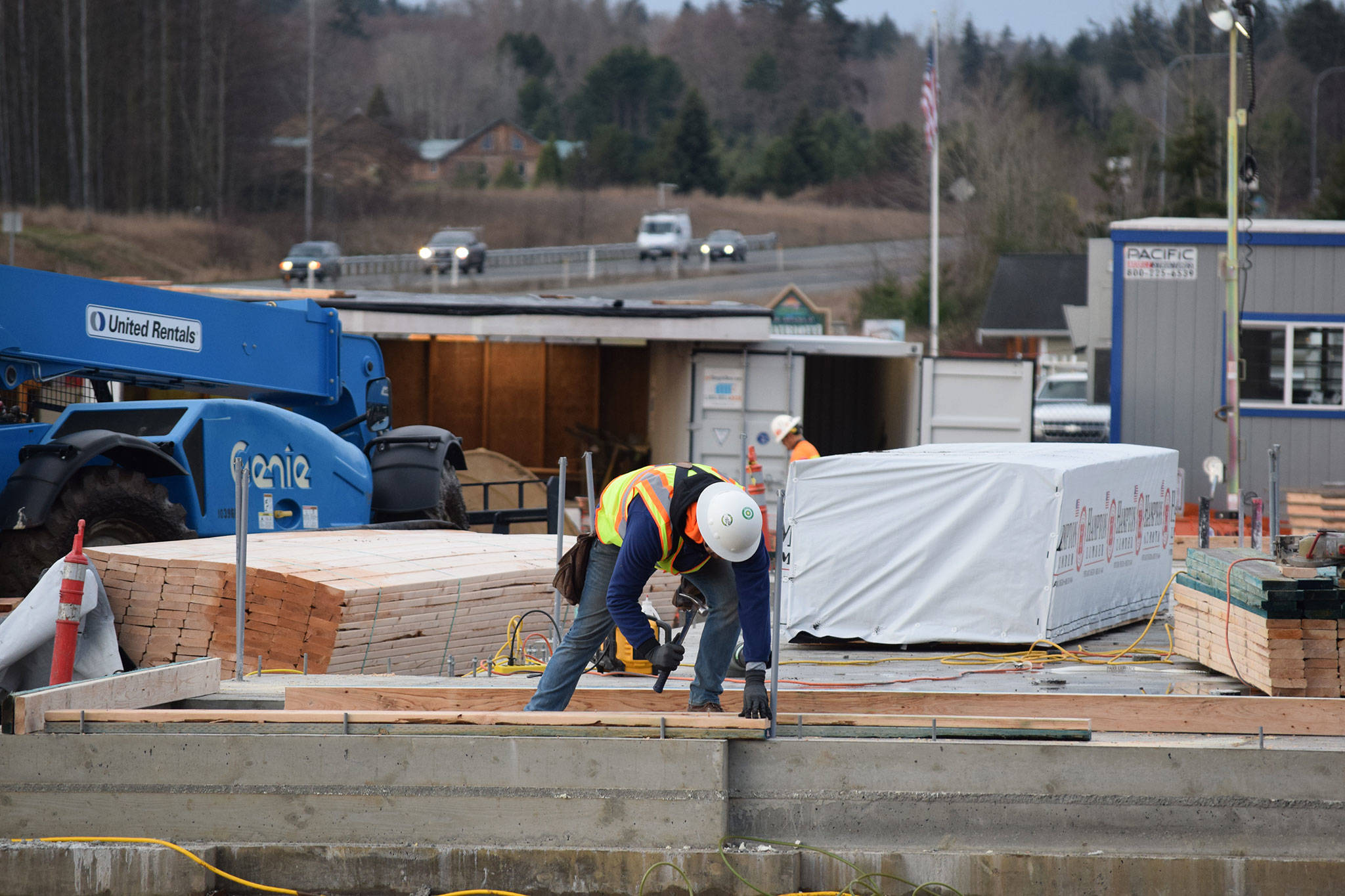 Officials from Sabyr Contractors, Inc. say a new Arco gas station is expected to be complete at the corner of U.S. Highway 101 and Carlsborg Road by the end of May or early June. Sequim Gazette photo by Erin Hawkins