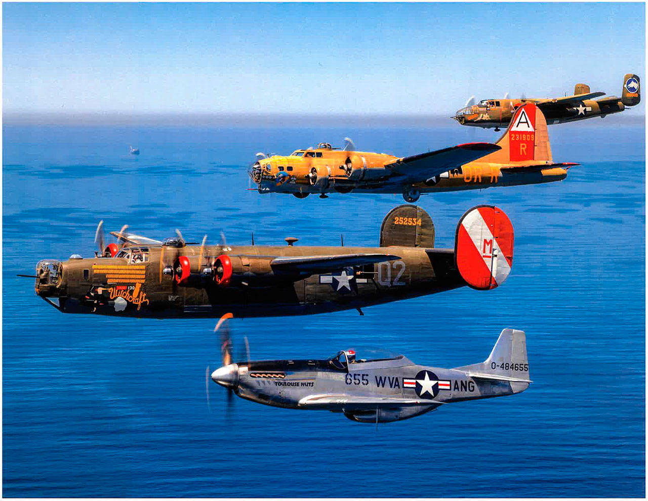 The Wings of Freedom Tour comes to Port Angeles’ William R. Fairchild International Airport this month, bringing classic World War II-era plans such as (from top) the B-25 Mitchell, B-17 Flying Fortress, B-24 Liberator, P-51 Mustang and (not pictured) P-40 Warhawk to the peninsula. Times/dates are: 2-5 p.m. today, Wednesday, June 19; 9 a.m.-5 p.m. Thursday, June 20, and 9 a.m.-noon Friday, June 21. Walk-through tours cost $15 for adults, $5 for children 12 years old and younger. Flights are $450 per person on B-17 or B-24 planes, $400 per person for B-25 flights. Flight training for P-51 and P-40 plans are available as well. The event is brought to the peninsula by the nonprofit Collings Foundation. See www.collingsfoundation.org or call 800-568-8924 for more information. Submitted photo