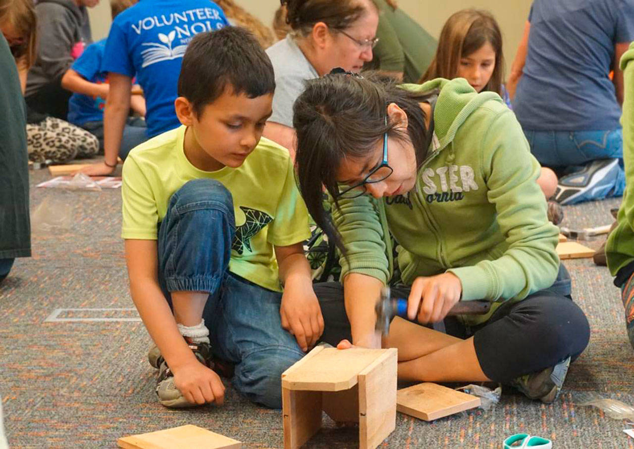 The North Olympic Library System offers two upcoming Build a Birdhouse events events: June 28 in Port Angeles and July 16 in Sequim. Here, participants work on a birdhouse at similar event in 2017. Photo courtesy of North Olympic Library System