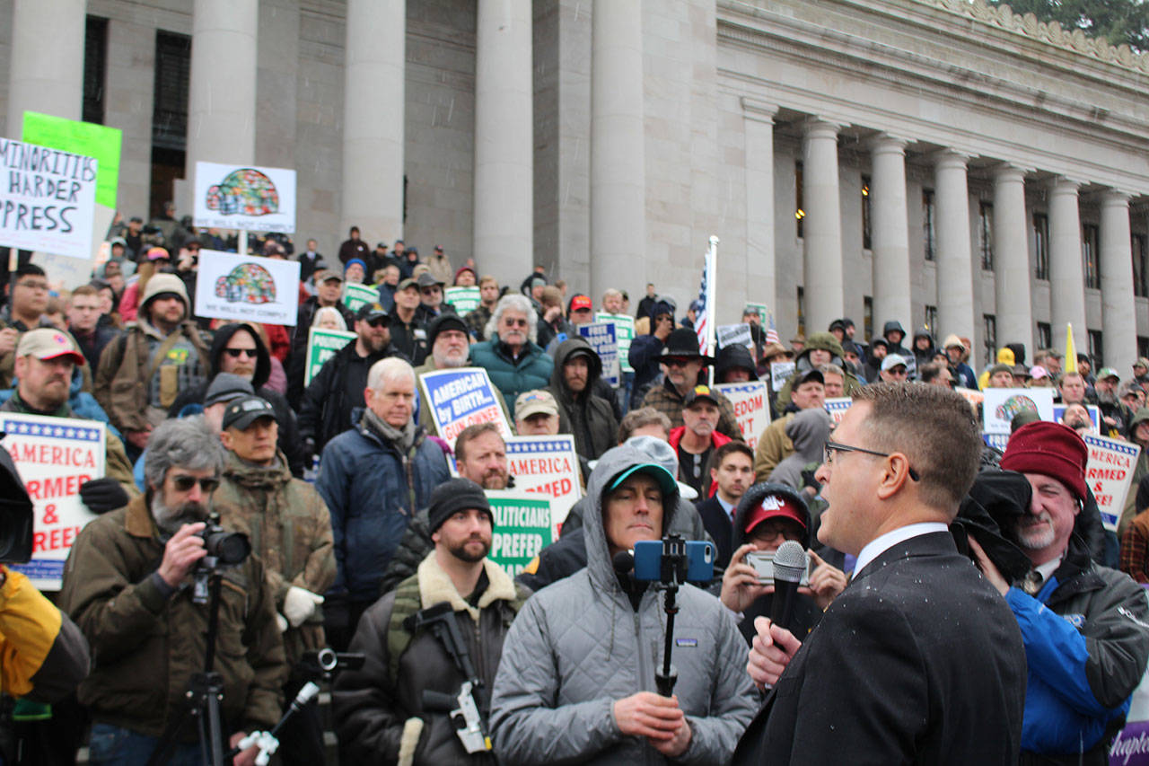 Embattled Rep. Matt Shea, R-Spokane Valley, addresses a crowd of gun rights supporters Jan. 17 at the state Capitol, promising his unwavering commitment to defend the Second Amendment. Photo by Cameron Sheppard/WNPA News Service