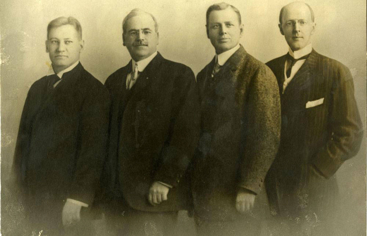The first four Rotarians: From left, Gustave Loehr, Silvester Schiele, Hiram E. Shorey and Paul P. Harris. Photo from Rotary.org