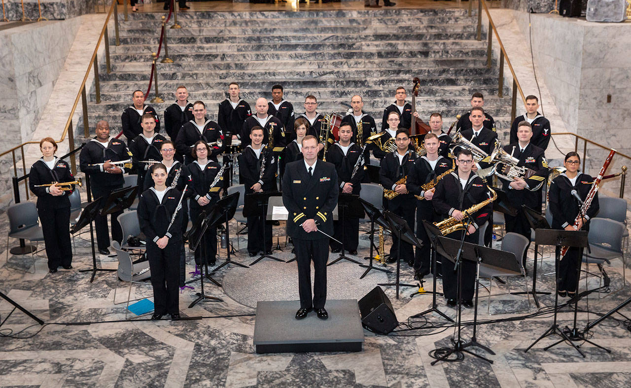 The Northwest Navy Band, pictured here at the Navy Day Performance at the Washington State Capitol on, Jan. 29, joins the Sequim City Band for a performance on March 1 at the Port Angeles High School auditorium. Photo courtesy of Legislative Support Services