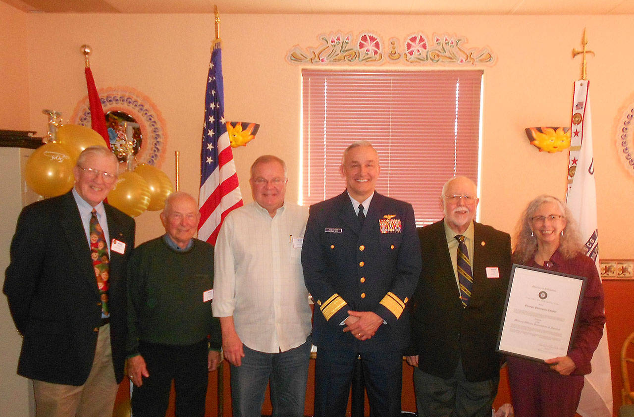 The Military Officers of America’s Olympic Peninsula Chapter celebrates the organization’s 50th anniversary at the Baja Cantina on Feb. 9. Pictured with guest speaker Rear Adm.Anthony J. Vogt (U.S. Coast Guard 13th District commander), in center, are (from left) past MOAA Olympic Peninsula Chapter presidents Col. Tom Coonelly (U.S. Army, ret.), Col. Dick Neal (U.S. Air Force, ret.), Capt. Jim McEntire (U.S. Coast Guard, ret.), Vogt, Chief Warrant Officer Jim Owsley (U.S. Army, ret.) and Cmdr. Lorri Gilchrist (U.S. Navy, ret.). Submitted photo