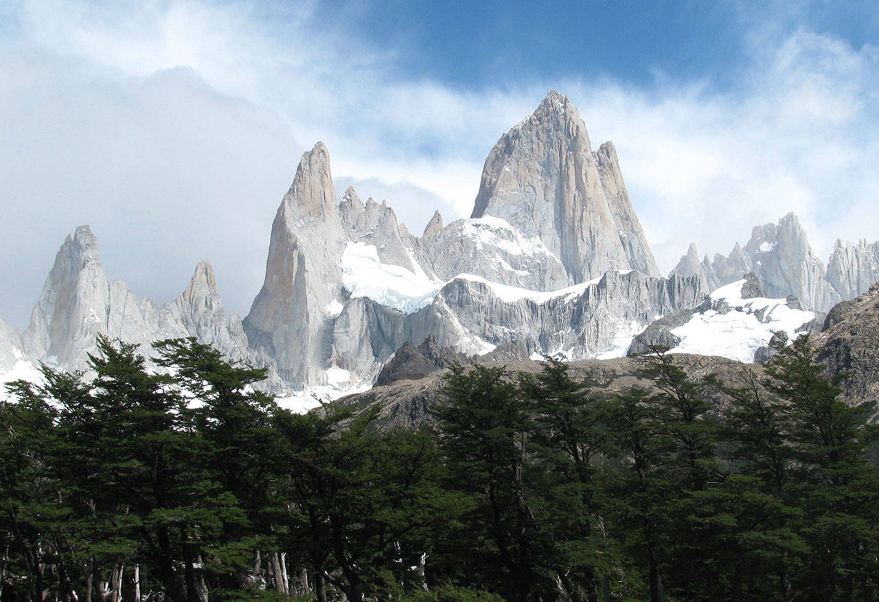 Roger Drake details some of the sights of his exploration of Argentina and Chile — including Patagonia’s Fitz Roy mountain range, pictured here — at the April 30 Traveler’sJournal presentation. Photo courtesy of Roger Drake