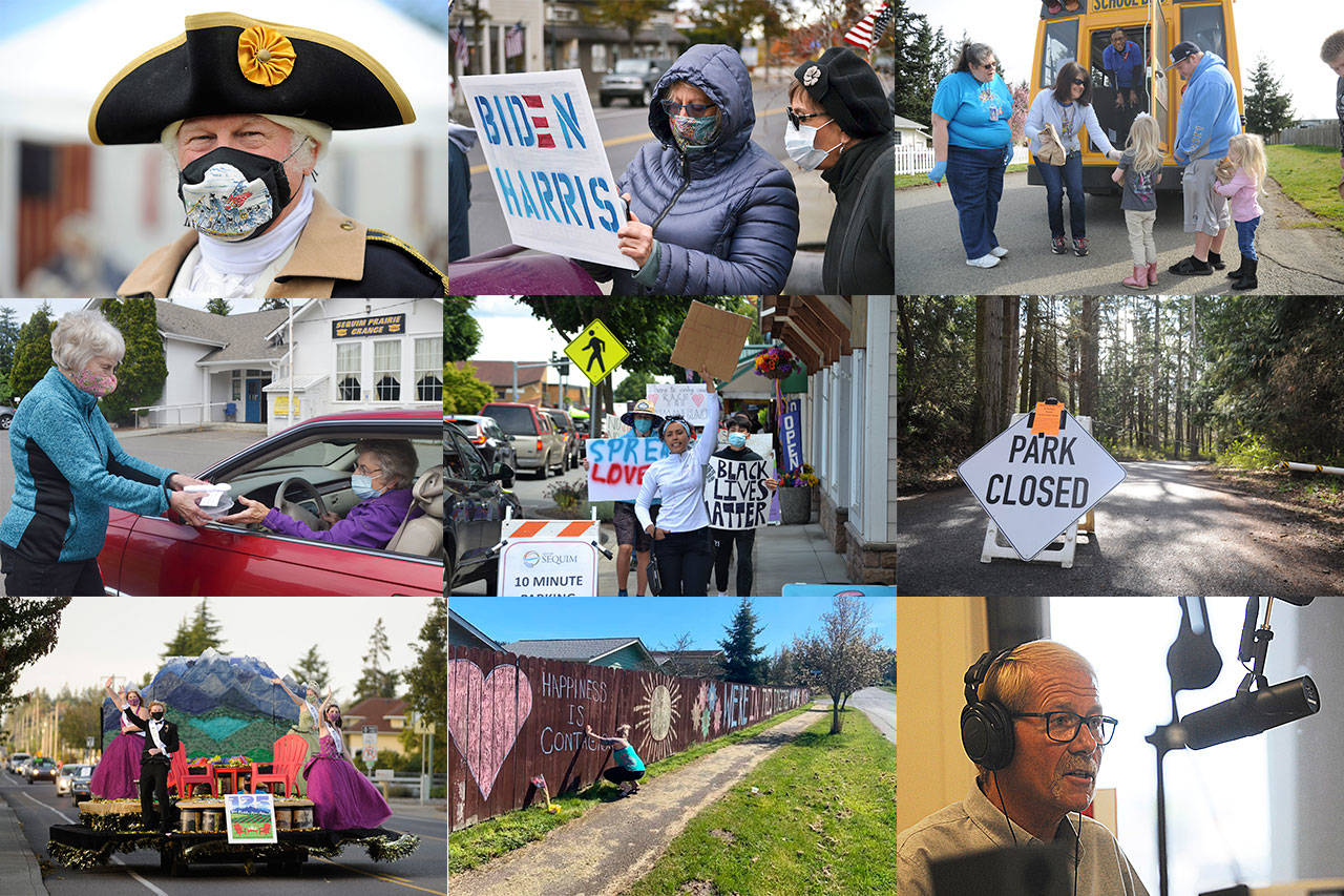 Some of the top news stories in Sequim in 2020 include (center) local Black Lives Matter protests in early and mid-June, along with (clockwise from left): continued mask restrictions across the area, displayed here by George Washington re-enactor Vern Frykholm at the Northwest Colonial Festival; Clallam County once again picking presidential winner, the nation’s longest streak that dates back to 1980; Sequim School District providing meals on wheels as students adjust to learning remotely for most of the year; parks across the region shut down in March to help stem the spread of COVID-19; Sequim mayor William Armacost draws criticism for airing his QAnon views during a “Coffee With the Mayor” program; community embers look to stay positive during the pandemic with projects such as Katie Smith’s mural; the Sequim Irrigation Festival keeps rolling along as the state’s longest-running community festival, albeit mostly virtual, and Sequim Prairie Grange members mirror the “new normal” with a “drive-thru” ice cream social. Sequim Gazette/submitted photos