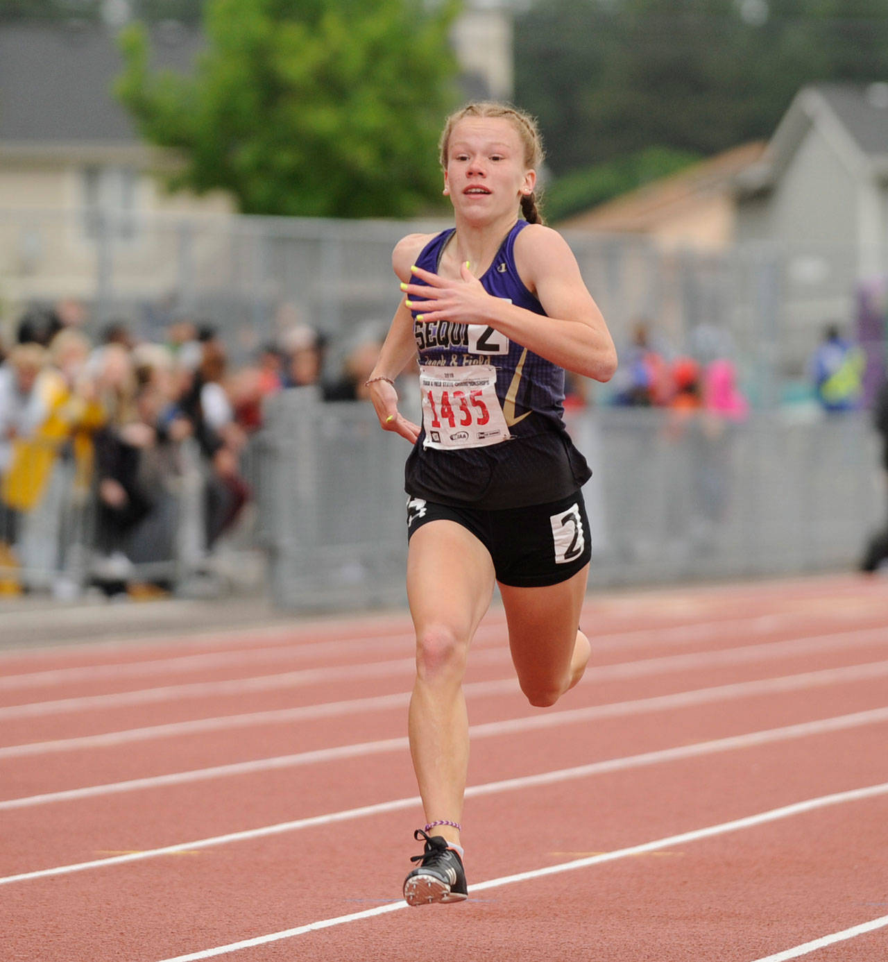 Sequim’s Riley Pyeatt races in the preliminaries of the 200 meters at the Class 2A state track and field championships in Tacoma in May 2019. Pyeatt placed fifth in the 400-meter race. Sequim Gazette file photo by Michael Dashiell