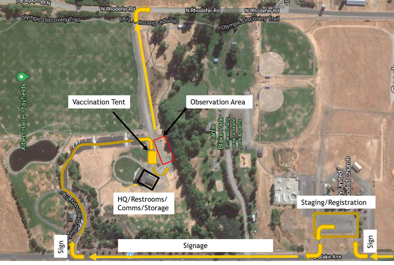 Registration for COVID-19 vaccinations begins at Trinity United Methodist Church, with shots administered at Carrie Blake Community Park. Map courtesy of Jamestown S’Klallam Tribe