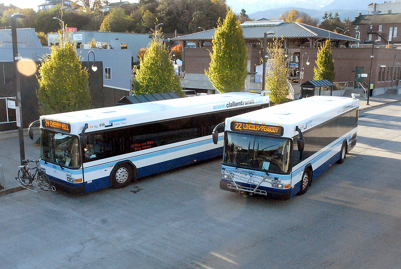 A Clallam Transit bus departs from Gateway transit center in Port Angeles in October 2020. Transit officials are seeking public input for possible service changes. File photo by Keith Thorpe/Olympic Peninsula Daily News Group