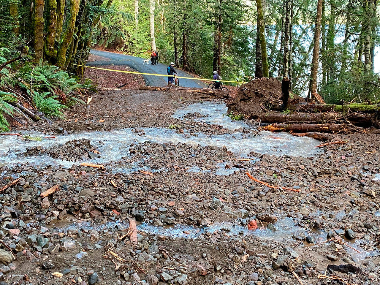 A landslide blocks safe passage along the Spruce Railroad Trail in early January. Photo courtesy of Noel Carey