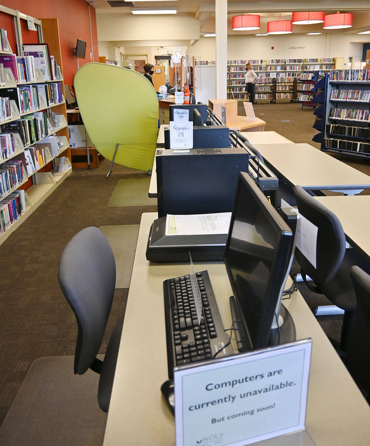 Computers at the Sequim Library are not yet available for use, though library patrons can use computers at Port Angeles, Clallam Bay and Forks branch libraries, in addition to Grab and Go Browsing, holds pickup and copier services during limited in-library service hours. Sequim Gazette photo by Michael Dashiell