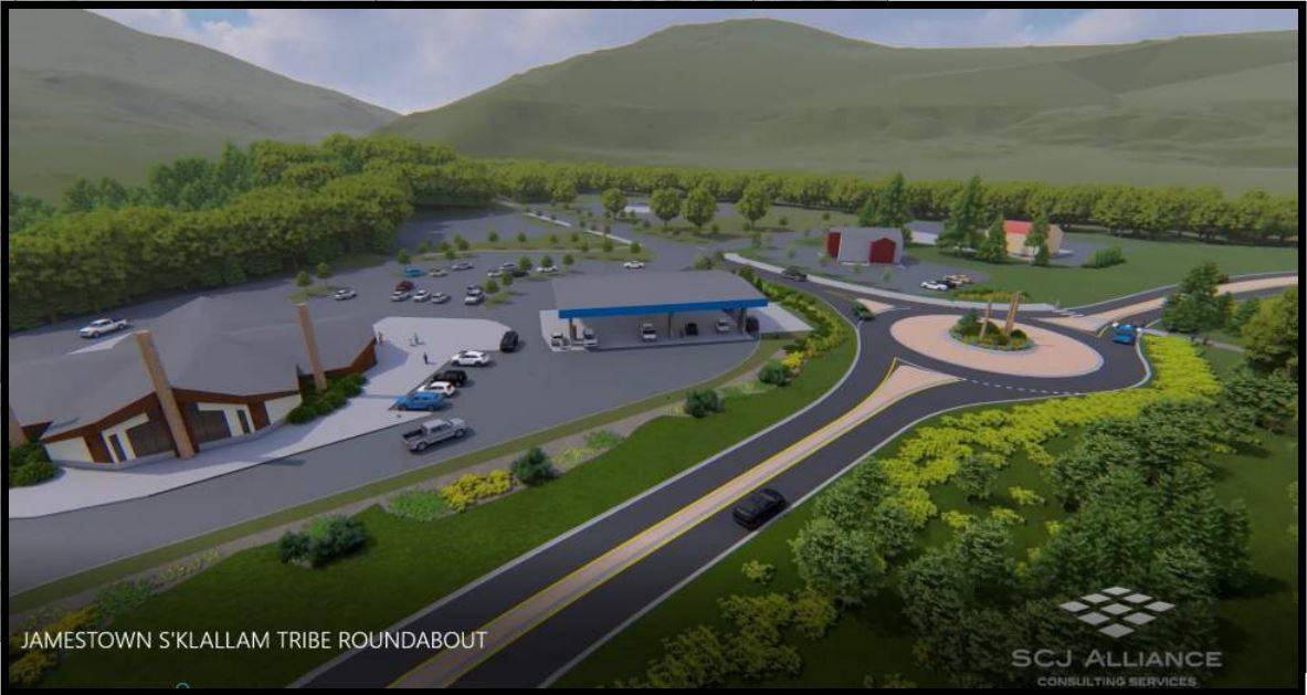 Officials with the Jamestown S’Klallam Tribe continue to explore funding options for a proposed $2.5 million roundabout at the Sophus Road intersection near the Longhouse Market & Deli. Conceptual design from Jamestown S’Klallam Tribe