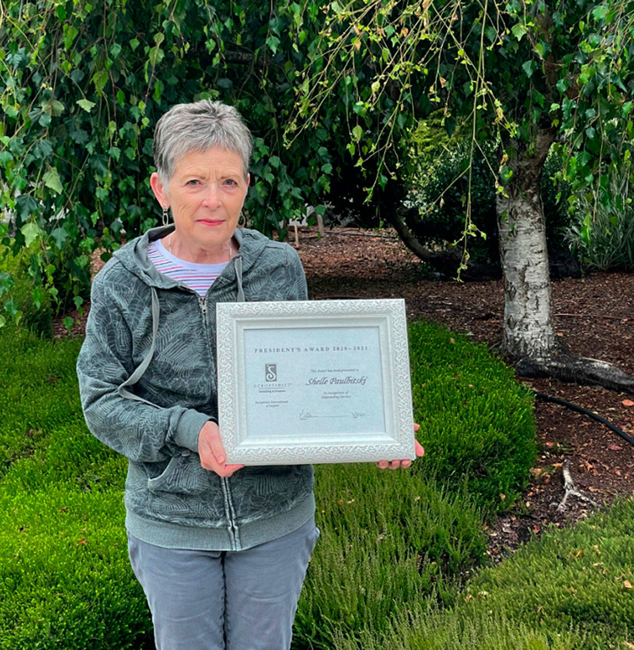 Shelle Paulbitski accepts the 2020-2021 Sequim Soroptimist President’s Award. Submitted photo