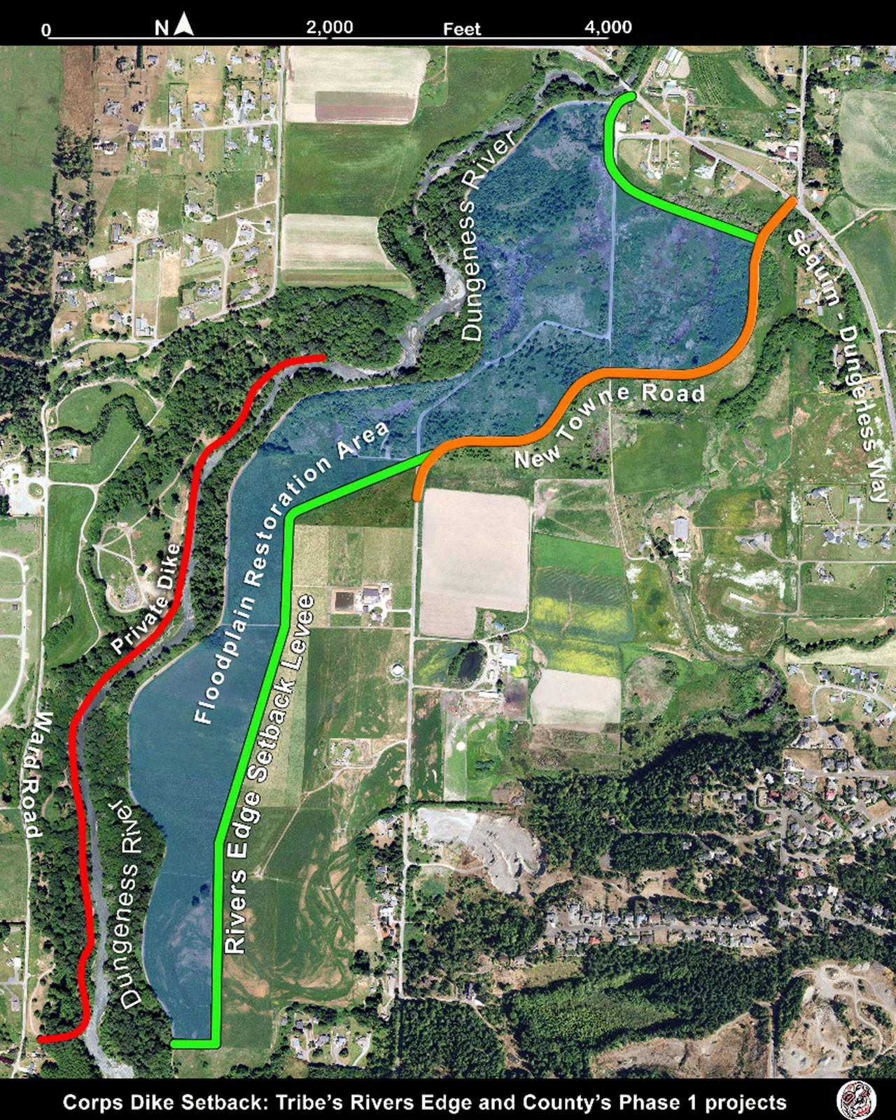 A schematic details the Rivers Edge setback levee, construction of which is in progress and expected to finish in September. Map courtesy of Jamestown S’Klallam Tribe