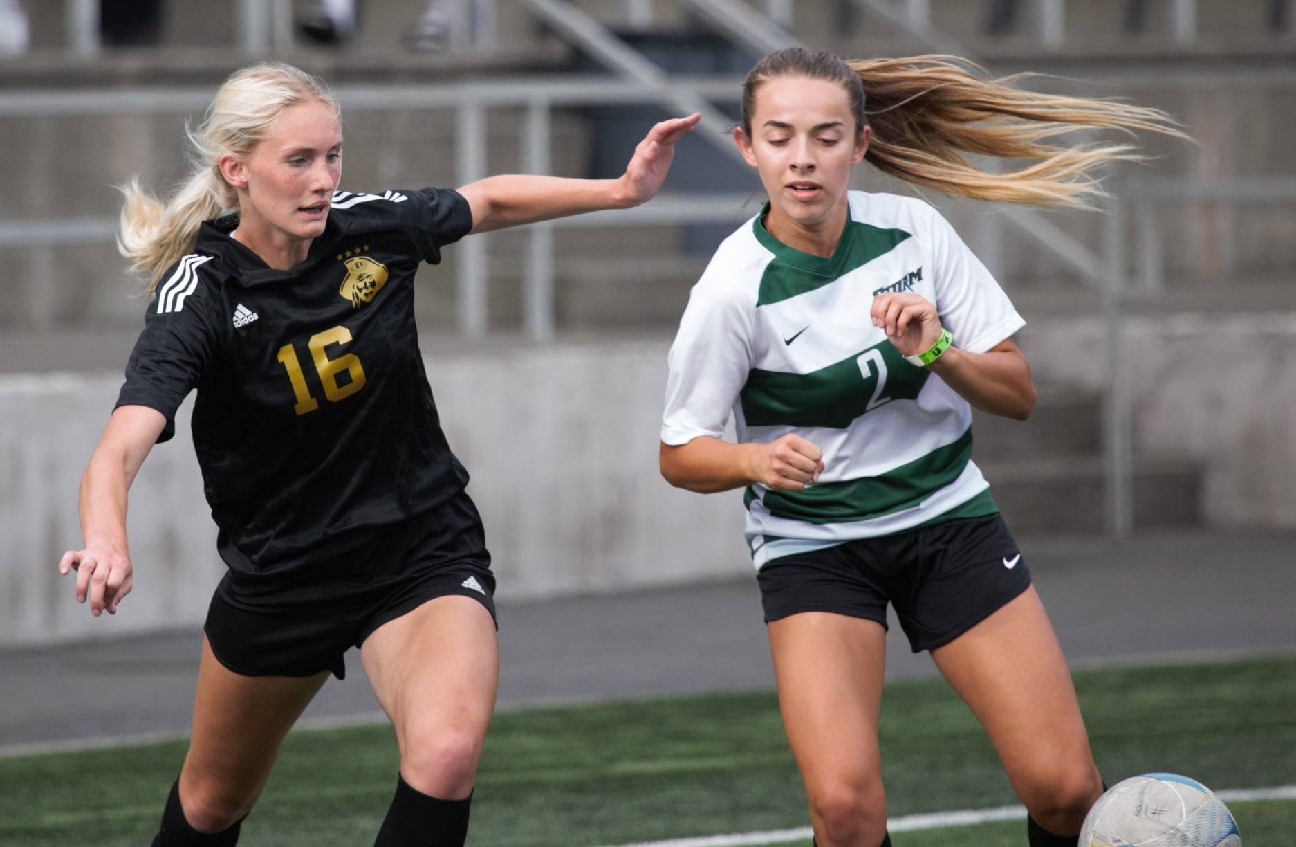 Peninsula College’s Millie Long, left, a former Port Angeles High standout, vies for the ball in an 11-0 rout of Chemeketa on Aug. 25 in Tukwila. See season previews of both PC men and women’s teams online at sequimgazette.com.
Photos by Rick Ross/Peninsula College