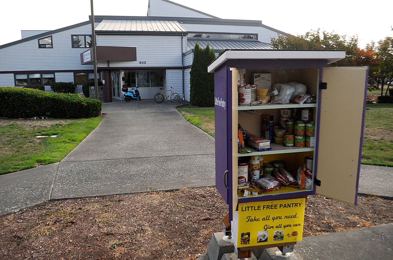 A Little Free Pantry went up in mid-August in front of the YMCA of Sequim with various types of food available 24/7. Sequim Gazette photo by Matthew Nash