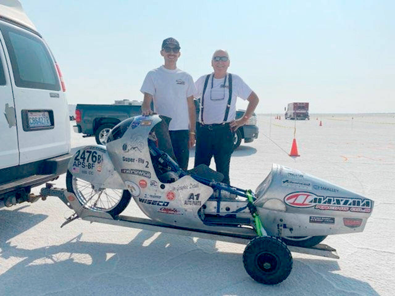 Alan, left, and George McMurray bring their world record-setting bike to the Bonneville Salt Flats. Photo courtesy of George McMurray