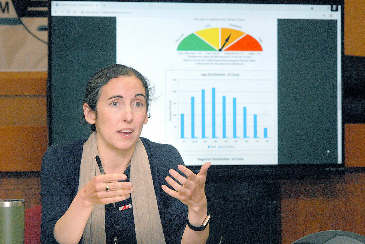 Health officer Allison Berry updates the status of COVID-19 during the last scheduled weekly briefingin May 2021 at the Clallam County Courthouse in Port Angeles. Photo by Keith Thorpe/Olympic Peninsula News Group