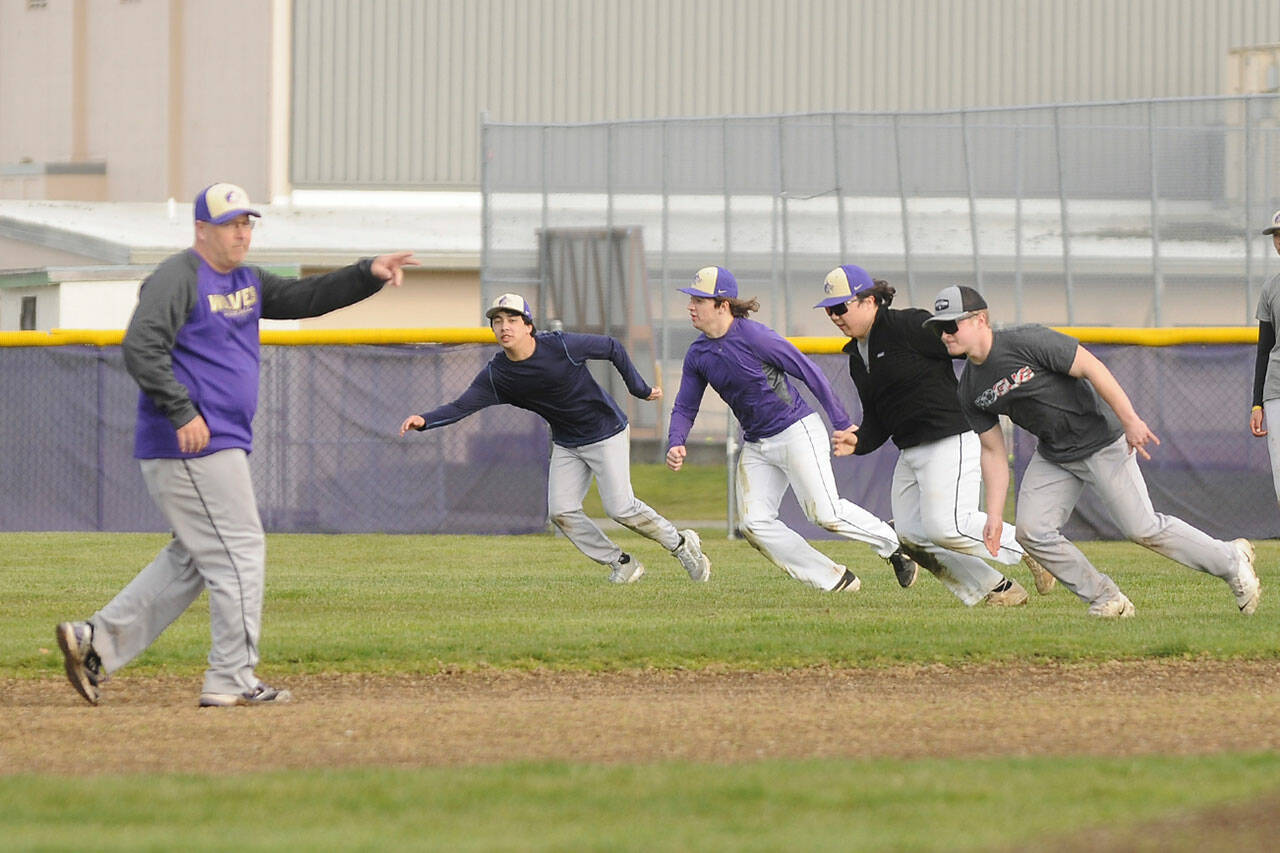 Sequim Gazette photo by MichAel Dashiell
Sequim High baseball players work on reading pitcher moves, led by SHS head coach Dave Ditlefsen, left, at a preseason practice in early March.