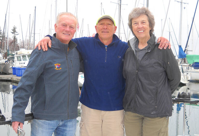 Planning for Sequim Bay Yacht Club’s May 1 Opening Day of Boating Season events are, from left, immediate past commodore Jerry Fine, commodore Frank DeSalvo and vice commodore Sue Baden. The trio is pictured aboard the Flora Mae, the Fine cruiser, one of the boats that attendees can get a free ride; riders are offered to the public between 10 a.m.-12:30 p.m. at John Wayne Marina. Submitted photo