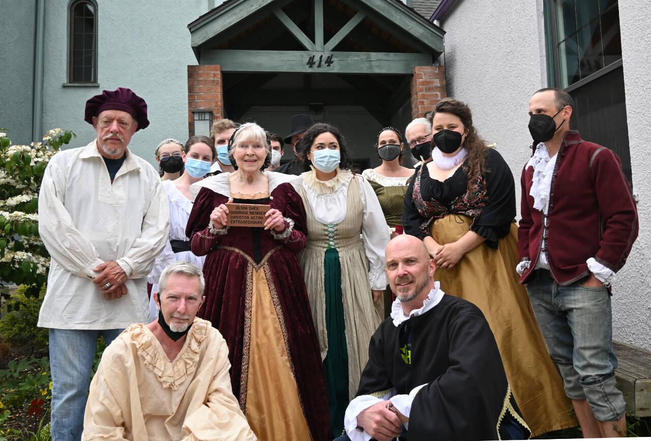 Sequim Gazette photo by Michael Dashiell
The cast of “The Book of Will” celebrate longtime Olympic Theatre Arts director/actor Olivia Shea (second row, second from left) last week.