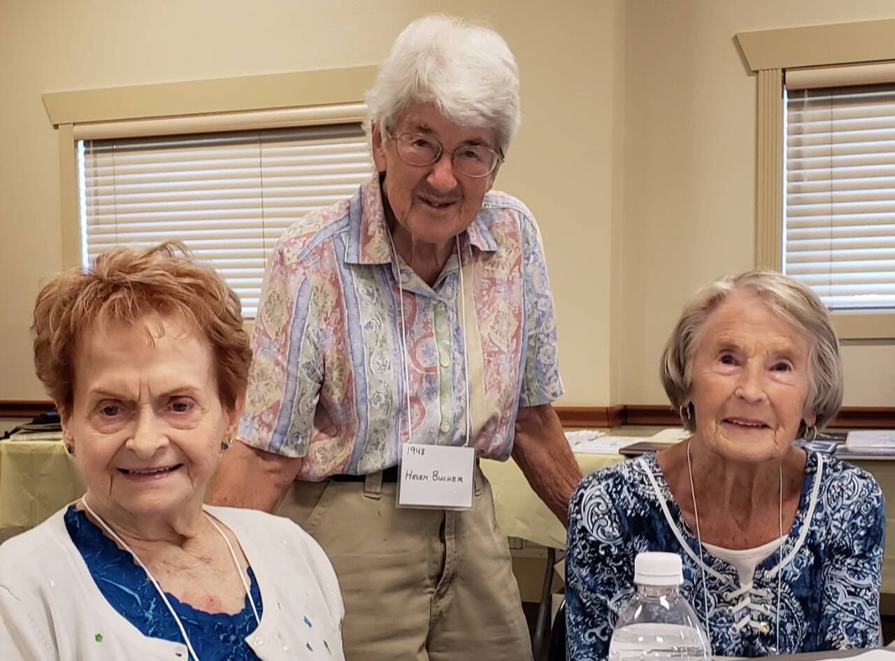 Photo courtesy of Lynda Coventon / From left to right, Doreen Brittain St. Clair, Helen Bucher and Mayme Messenger Faulk “represented alumni from the Oldest Class in Attendance, 1948,” at the Sequim All-School Reunion last week, said Ethel Brueckner of Sequim Schools Alumni Association. “That was quite notable.”