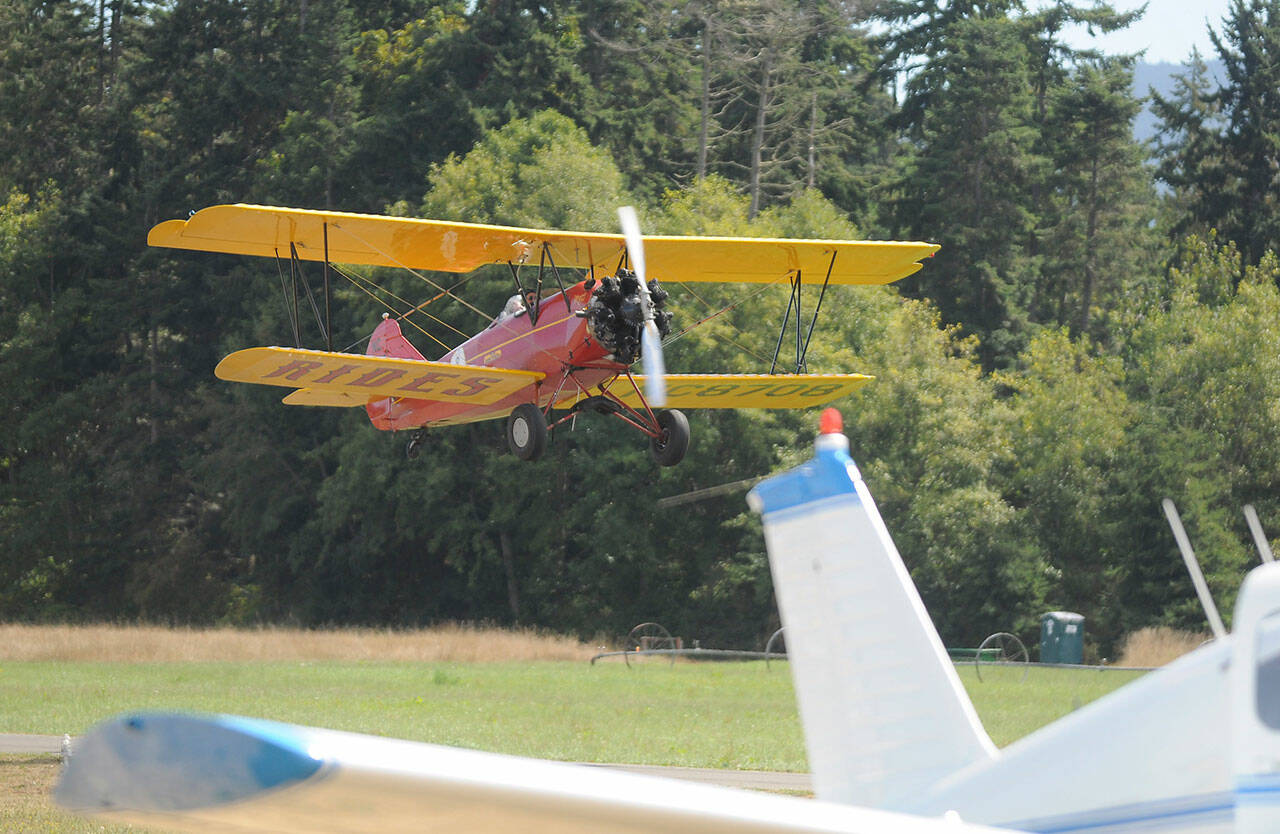 Sequim Gazette photo by Michael Dashiell
Pilot Keith Kossuth, seen here at the 2021 Olympic Peninsula Air Affaire, brings back his 1929 Travel Air Plane to offer rides on Aug. 27, for a fee.