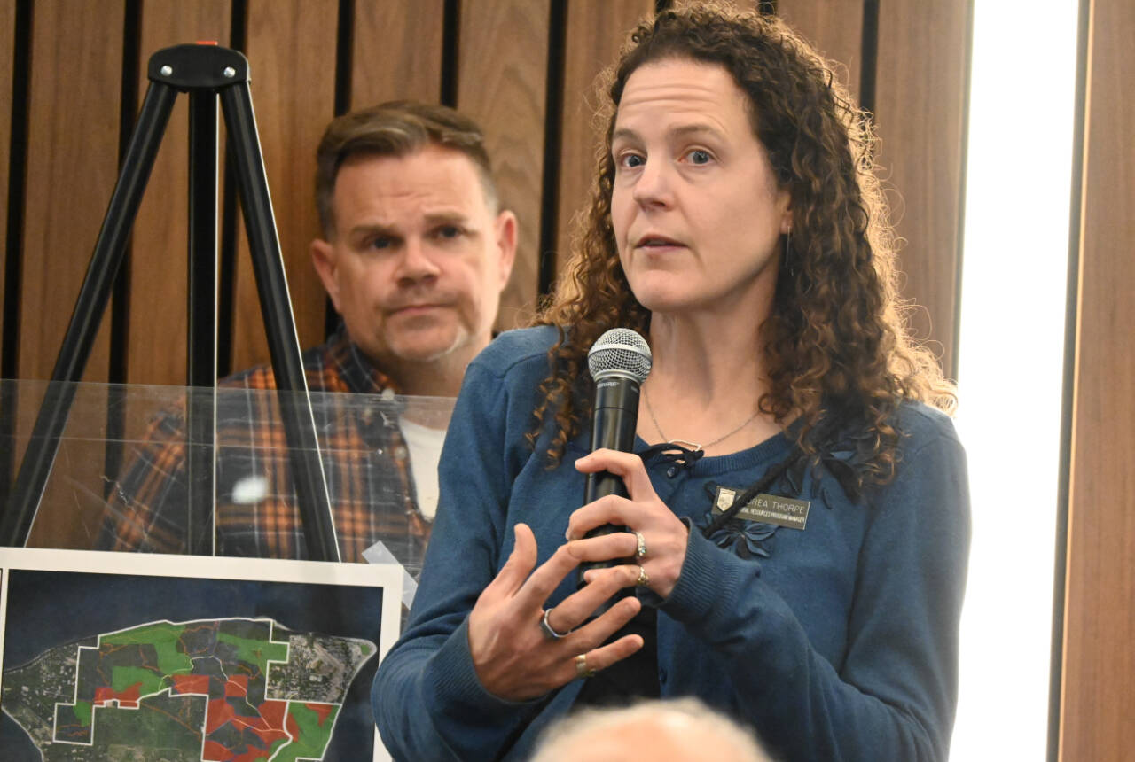 Sequim Gazette photo by Michael Dashiell 
Andrea Thorpe, Natural Resources program manager with Washington State Parks and Recreation Commission, speaks at an Oct. 18 meeting regarding possible development of Miller Peninsula State Park.