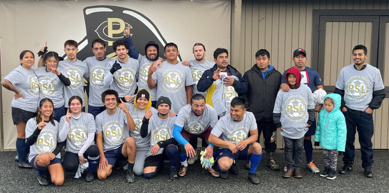 Rick Ross/Peninsula College
Members of Forks FC celebrate a Peninsula Soccer League title on Nov. 6.