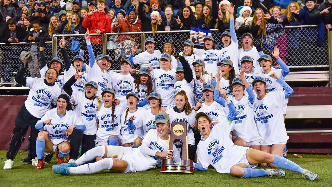 Photo by Michael Potash/WWU / Sequim’s Claire Henninger (front row, left) and the Western Washington University women’s soccer team celebrates an NCAA Division II title in Seattle on Dec. 3.