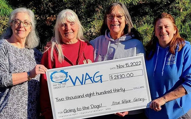 Submitted photo / Artists from Sequim’s Blue Whole Gallery recently donated their October art sale proceeds to Welfare for Animals Guild (WAG). Pictured, from left, are gallery president Janet Picolla, WAG president, gallery artist Sheri Whetstine and WAG Ranch Manager Mel Marshall.