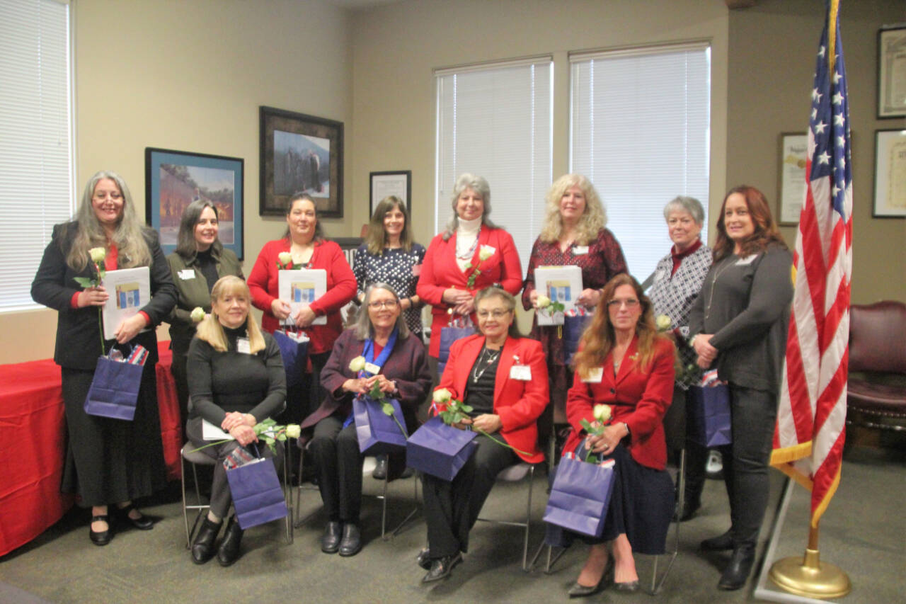 Photo by Darlene Cook/Michael Trebert Chapter / Twelve of the 21 new members of the Daughters of the American Revolution-Michael Trebert Chapter take part in a membership meeting in Port Angeles on Jan. 17. Pictured are (back row, from left) Teresa Hanson, Crystal Downer-Nuckolls, Katrina Robb, Cindy Stallknecht, Jamie Bent, Judy Nordstrom, Julia Alexander-Shantalova and Sheryl Greer. Eight of the new members are Sequim residents, the four other from Port Angeles.