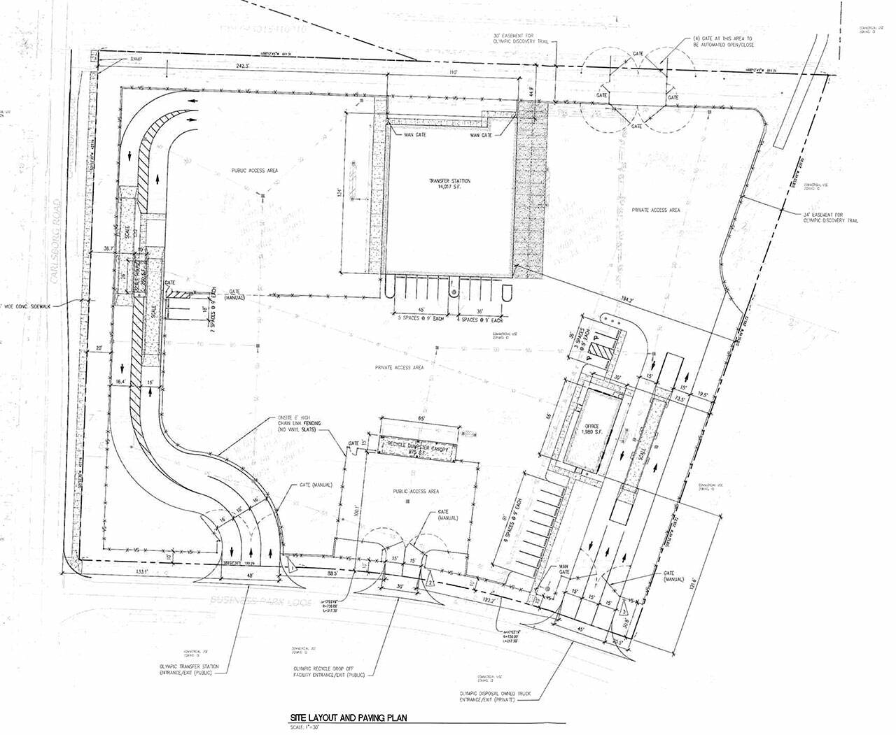 A map from Waste Connections Inc’s 2021 conditional use permit application shows details of the company’s proposed waste transfer station and recycling in Carlsborg. A settlement between the company and the City of Port Angeles ends Waste COnnection’s plans to build the station.