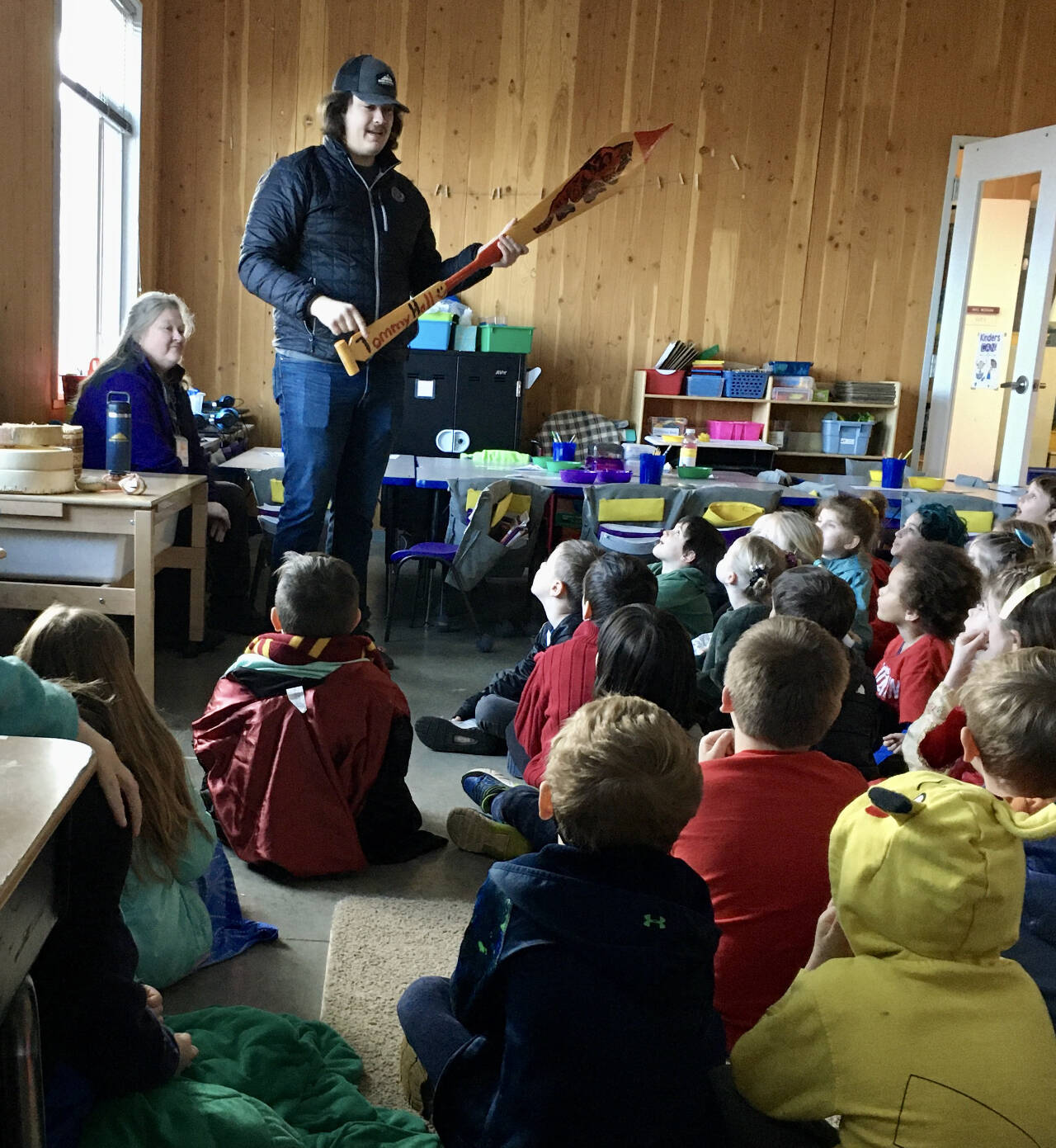 Photo courtesy of Sequim School District
Tommy Hall visits students at Greywolf Elementary School in early March, speaking to them about native traditions and culture.