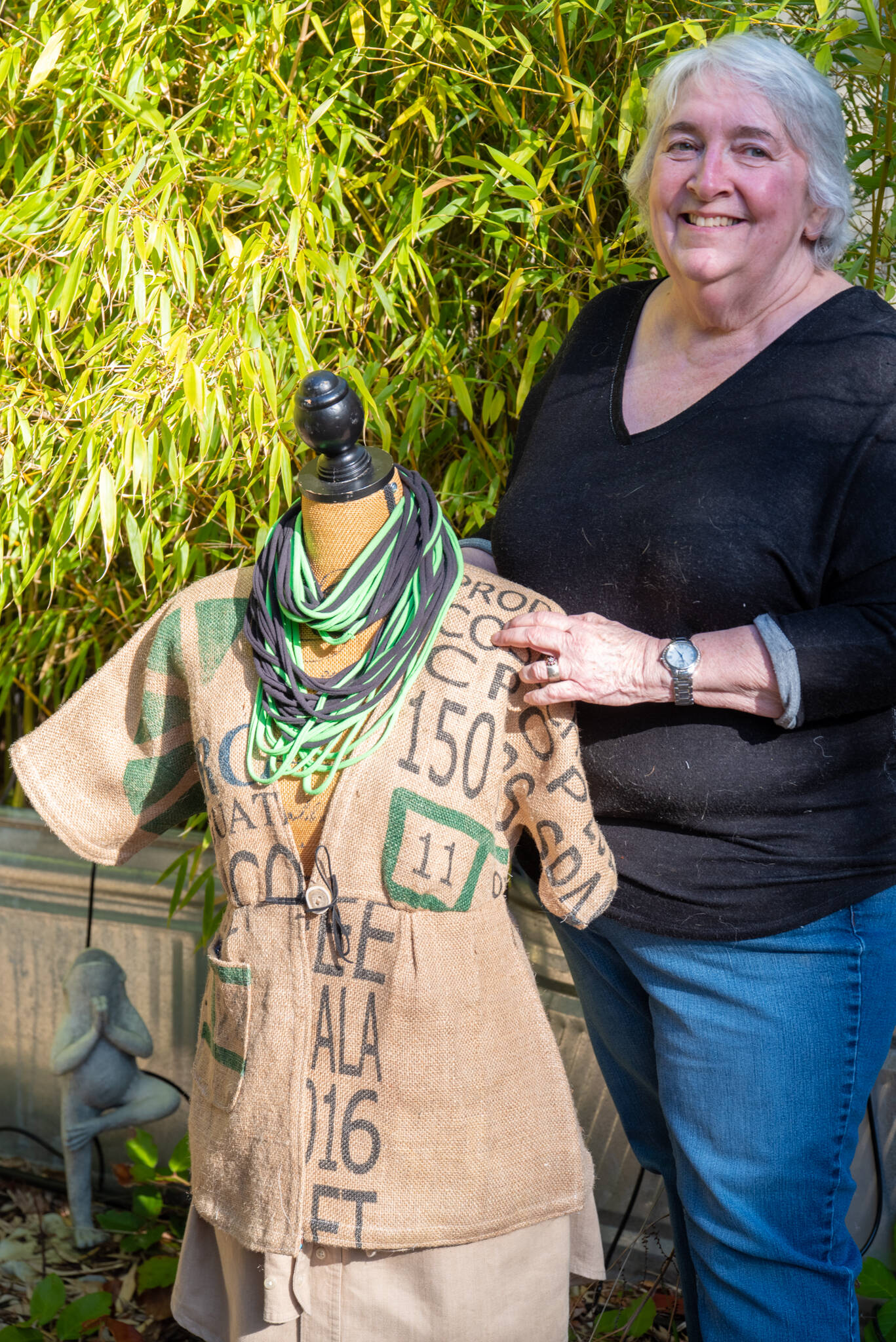 Sequim Gazette photo by Emily Matthiessen / Co-Chair Libby Ballard poses with her creation for the upcoming May 6 Trashion Show, part of the Innovative Arts and Crafts Fair during the Sequim Irrigation Festival,