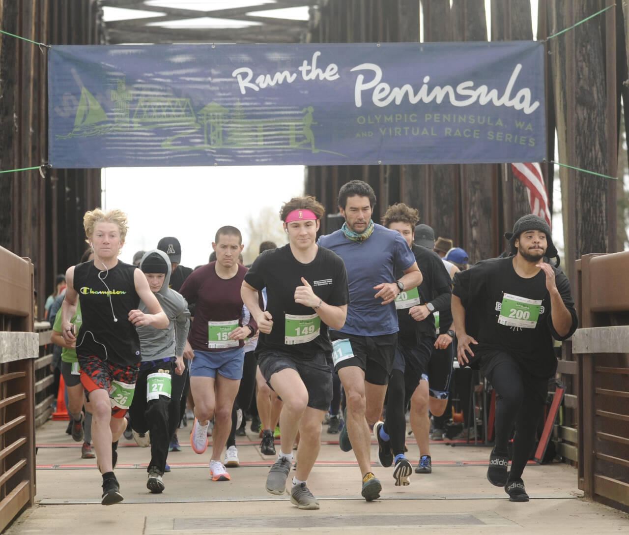 Sequim Gazette photos by Michael Dashiell 
Participants break from the starting line in the 2023 Railroad Bridge Run 5k/10k, held Saturday, April 22, at Railroad Bridge Park. The race, part of the Run the Peninsula series, saw 151 people finish the 5k and 138 finish the 10k.